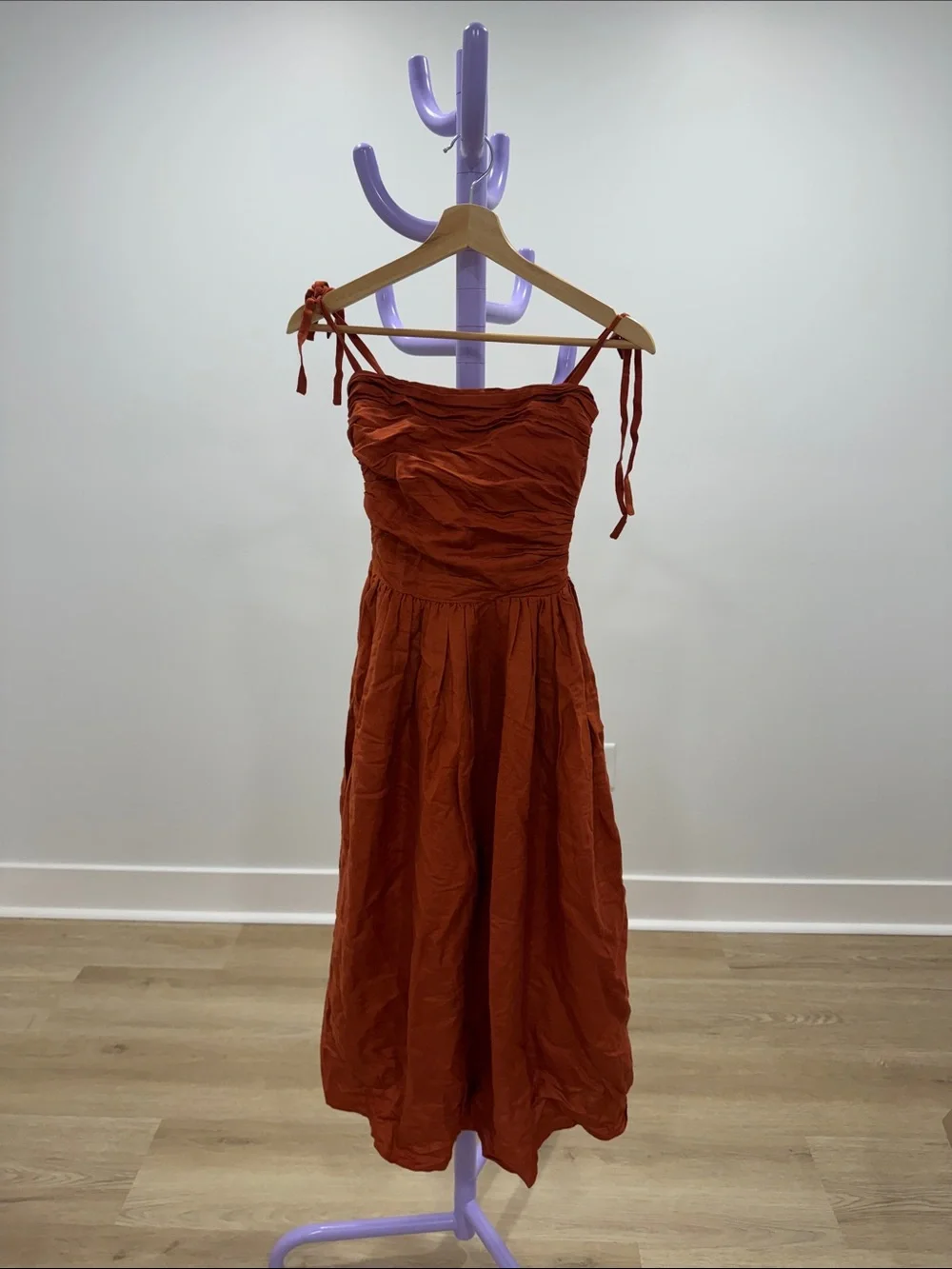 Rust Red Tie-Shoulder Midi Dress